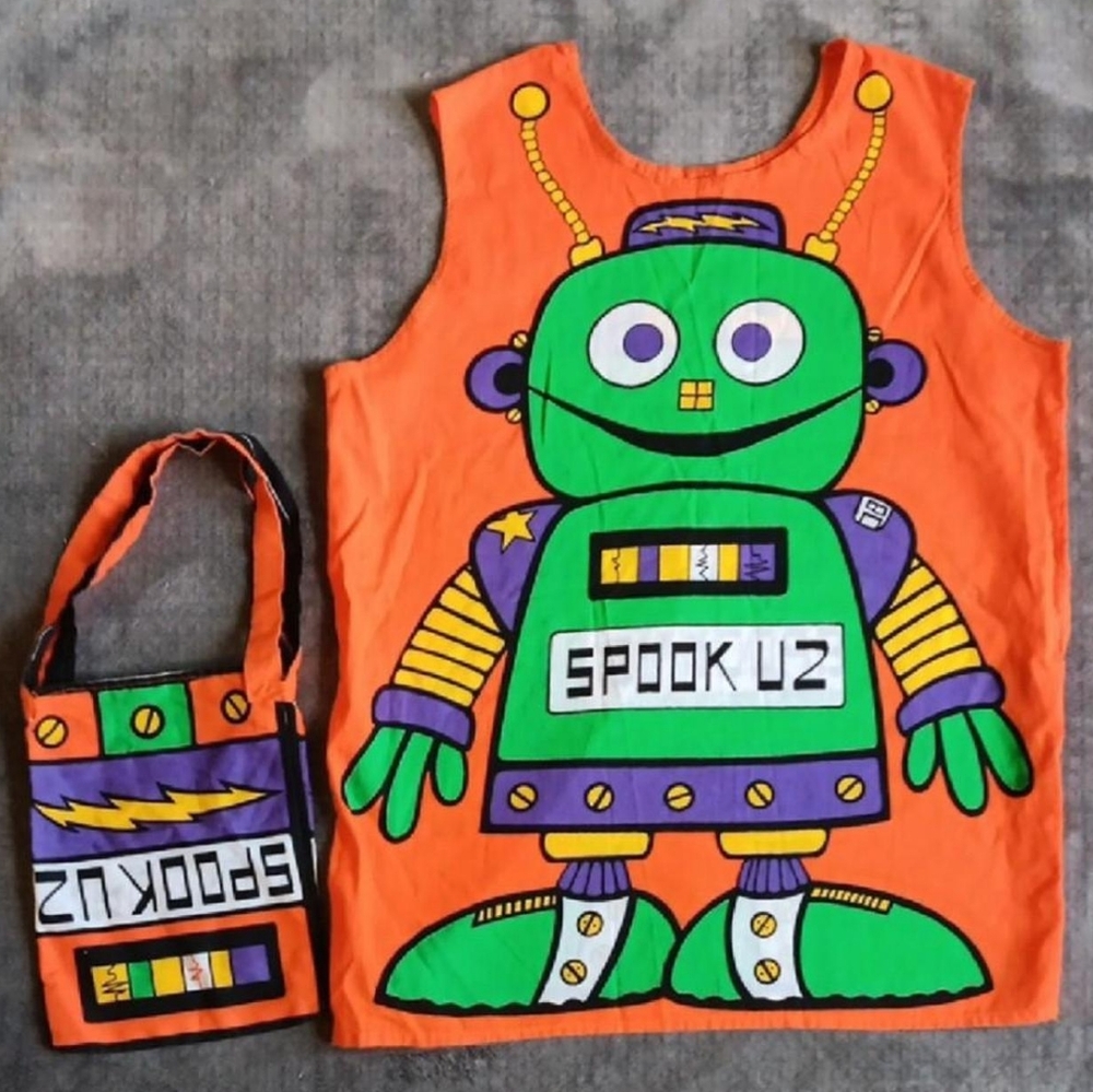 Cute 70s 80s Vintage Orange Robot Kids Halloween Costume With Treat Sack Spookuz - Picture 2 of 9